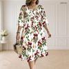 Women Plus Size Two Piece Midi Dress Set V Neck Half Sleeve Christmas Print White