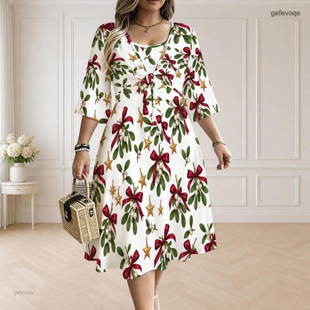 Women Plus Size Two Piece Midi Dress Set V Neck Half Sleeve Christmas Print White