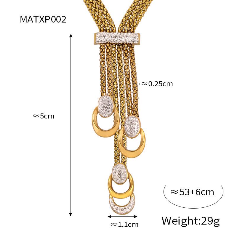 Korean Vintage U-Shaped Rhinestone Tassel Necklace Set - 18k Gold Plated Titanium Steel