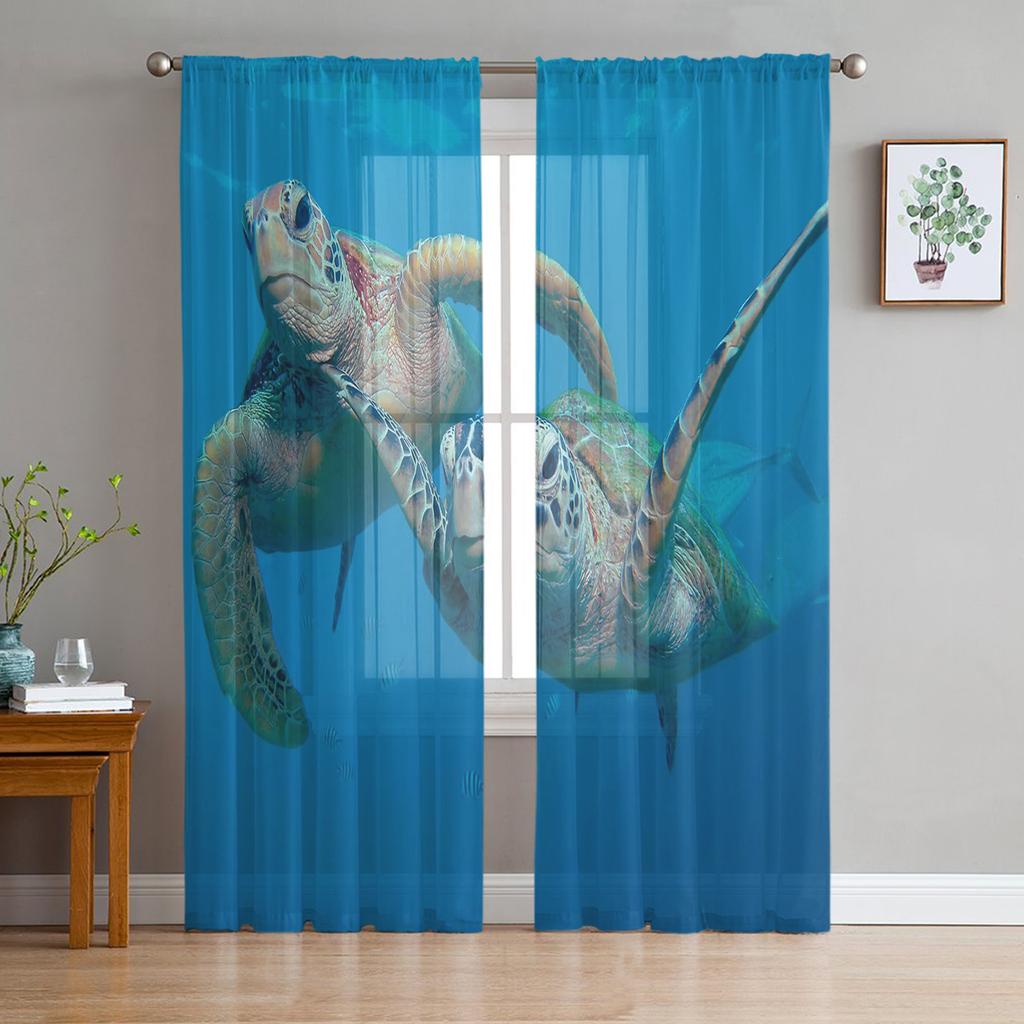 Blue Ocean Green Turtle Tulle Curtains For Living Room Bedroom Decoration Sheer Voile Window Curtains Party Drapes Panels