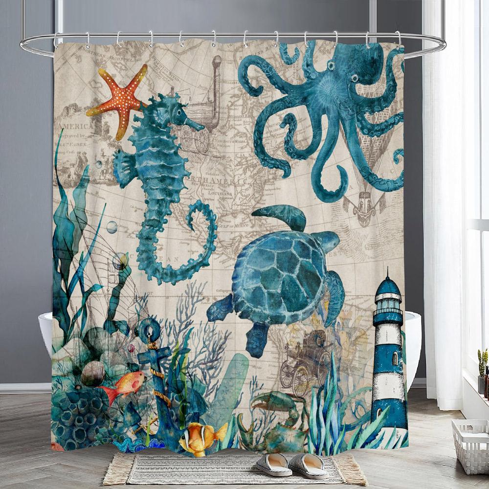 Nautical Octopus Shower Curtain Fun Giant Tentacles Sea Creatures Beach Pirate Maps Polyester Fabric Bath Curtain Bathroom Decor