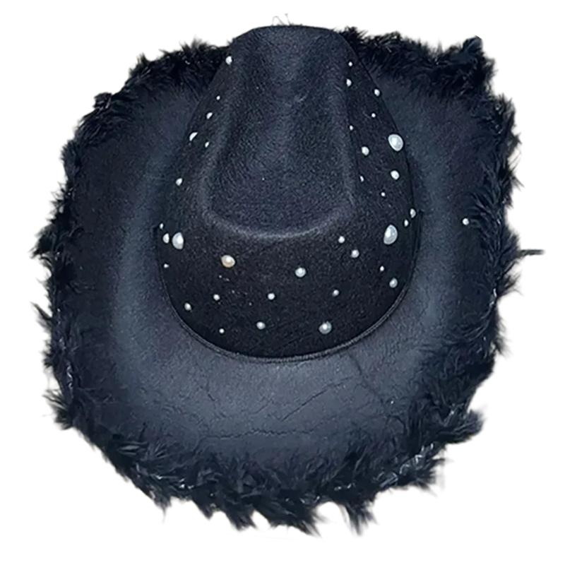 

Feathered Trim Western Hat with Rhinestones Studded for Music Festival Cosplay Costume Headwear Carnivals Party Accessory