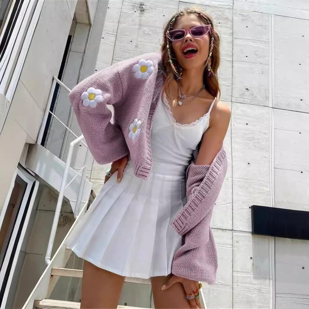 Floral Print Sweaters Cardigan Loose Lantern Long Sleeve V Neck Short Knitted Sweaters Cropped Cardigan Open Front Cute Shrug Fall Sweater