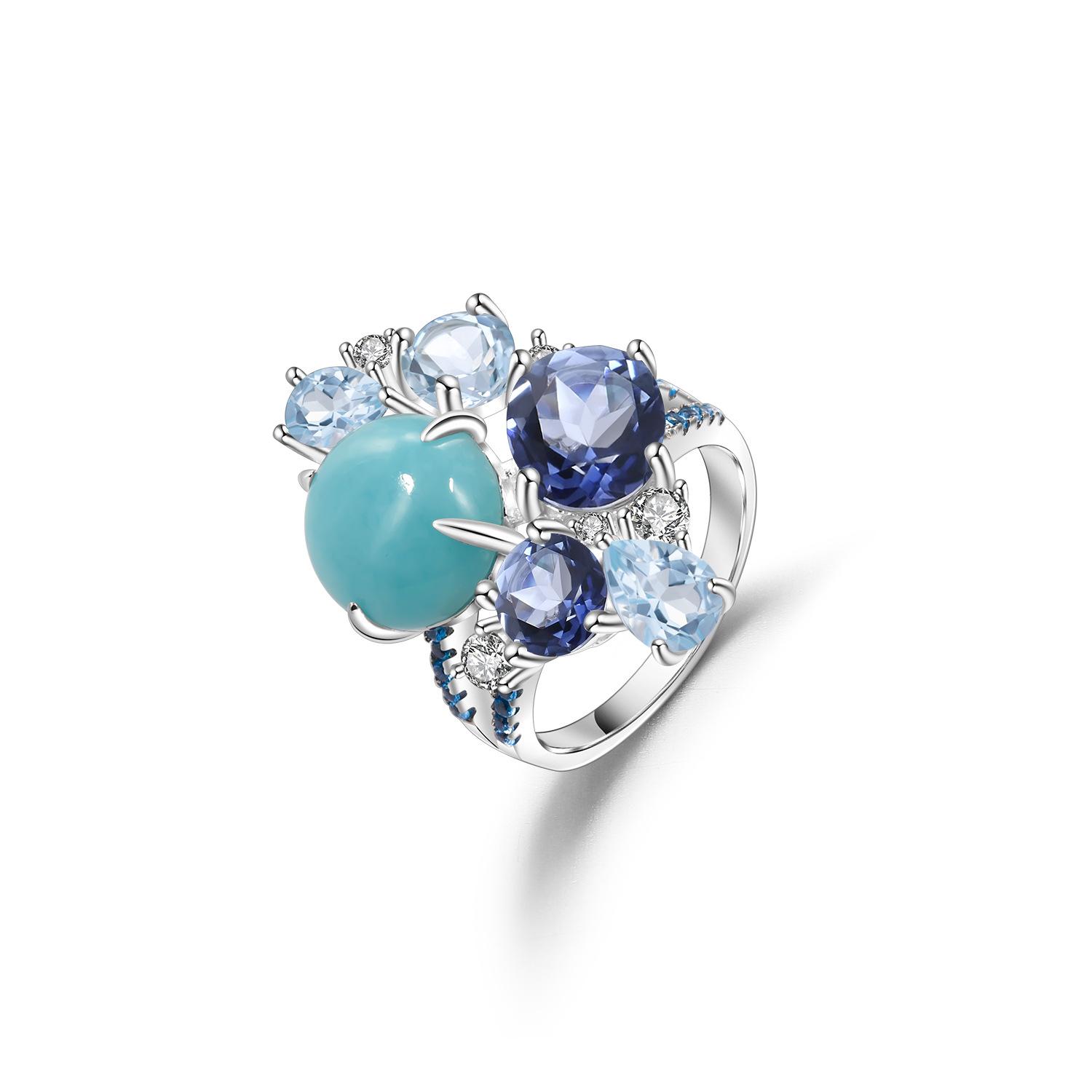 

Оригинальное дизайнерское кольцо с драгоценными камнями класса люкс.. Банкетный матч с высококачественным кольцом из серебра 925 пробы, инкрустированным натуральным амазонитом. 9