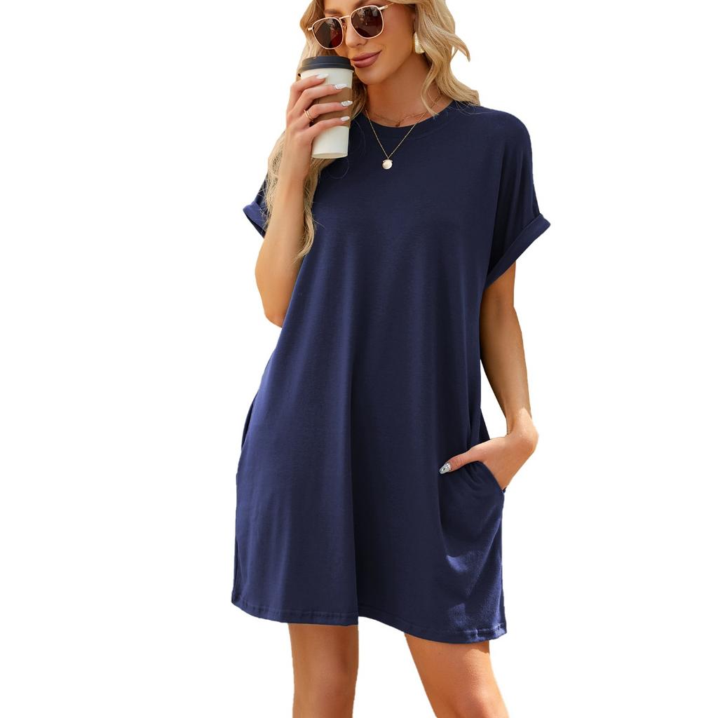 Spring Summer New Solid Color Crew Neck Pocket Loose Short Sleeve Casual Dress for Women