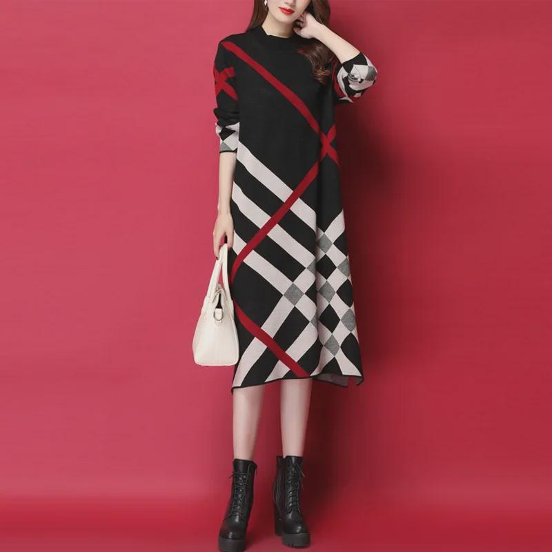 2025 Damen Lockerer Midilanger Karierter Strickpulloverkleid für Herbst/Winter