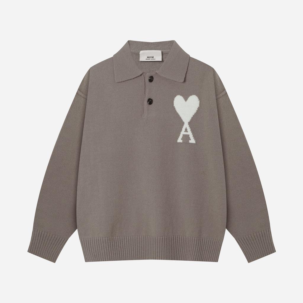 AMI Spring and Autumn New Love Jacquard Wool Ami De Coeur Polo Collar Hoodie Sweater