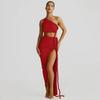 Women's autumn new fashion one shoulder tube top halter hollow tether pleated dress