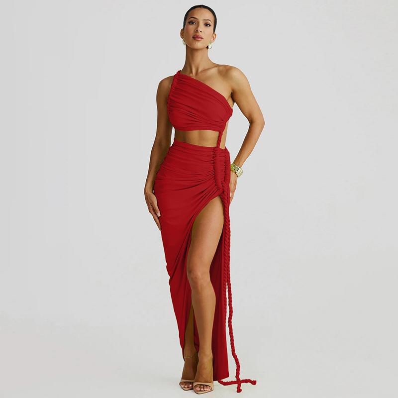 Women's autumn new fashion one shoulder tube top halter hollow tether pleated dress