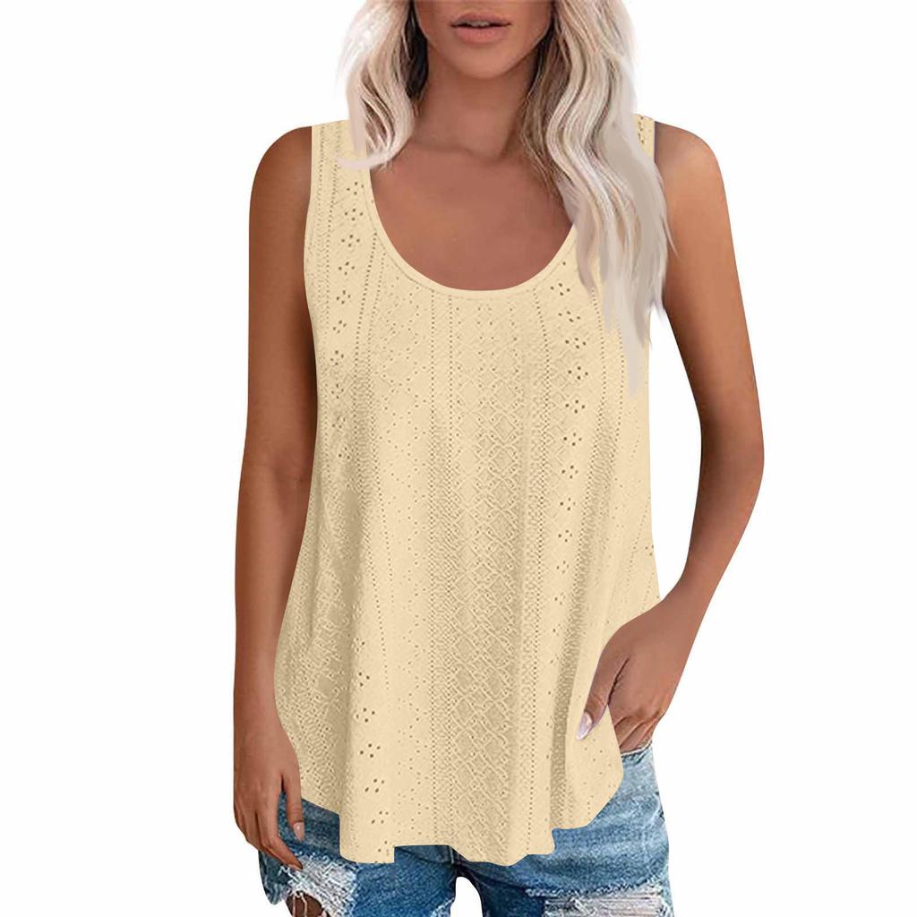 Sleeveless Eyelet Lace Tank Top for Women Casual Summer Scoop Neck Loose Fit Blouse Hollow Out Lightweight Shirt