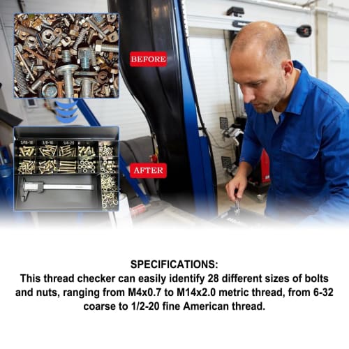 Bolt and Nut Thread Checker, Aluminum Alloy Thread Identifier, 28-Hole Metric and American Thread Identification Board with Work Gloves and Inch/Centi