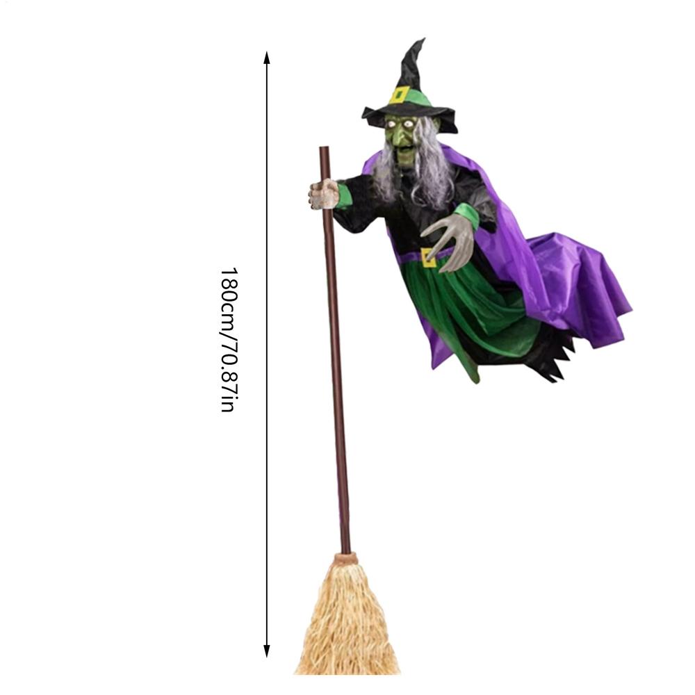 180cm/6ft Flying Witch Decoration With Terrifying Sounds & Lights Halloween Props Flying Witch Decor For Garden Yard Lawn Indoor