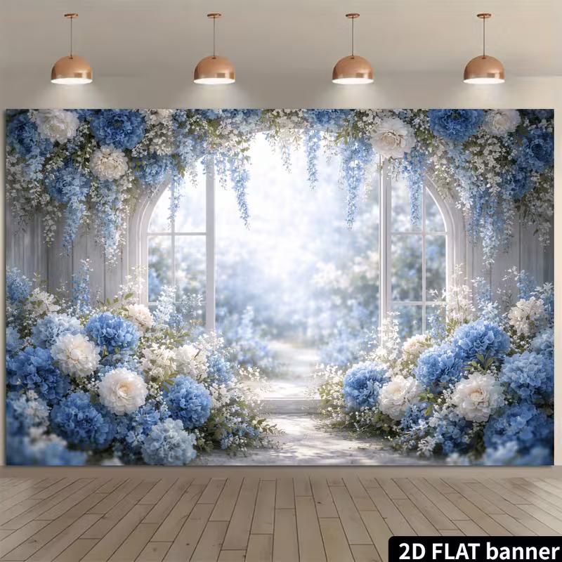 2D Floral Wedding Backdrop, Blue Hydrangea & White Flowers Party Background