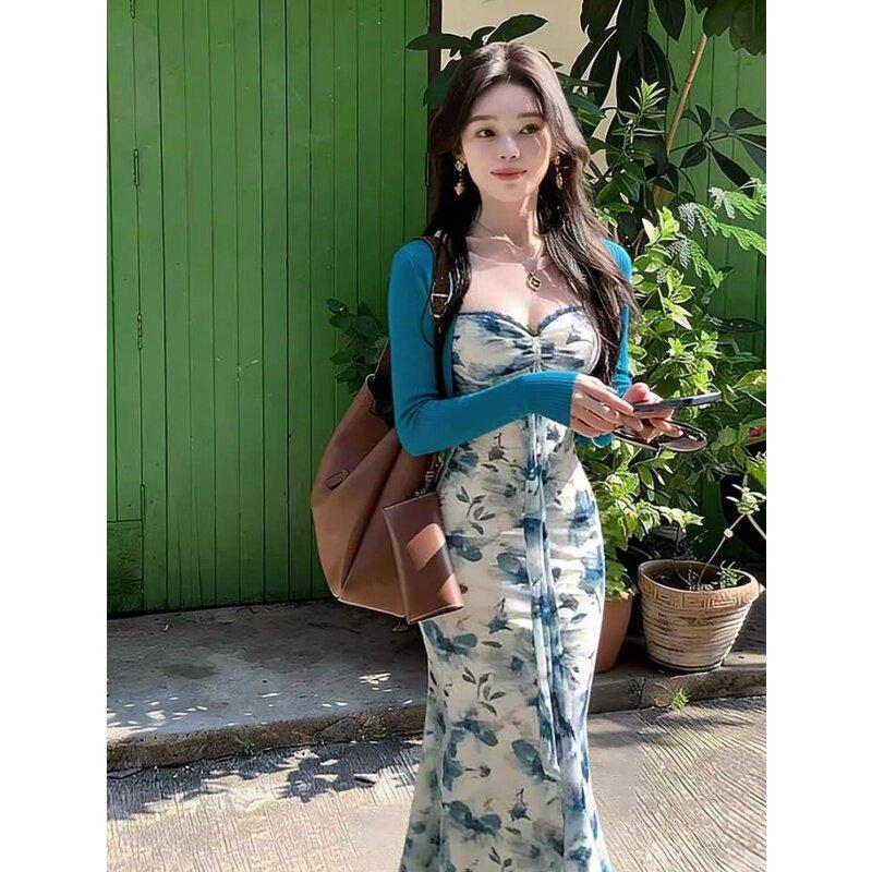 Autumn new niche pure desire sexy retro printing French dress cardigan set tulle slim fit