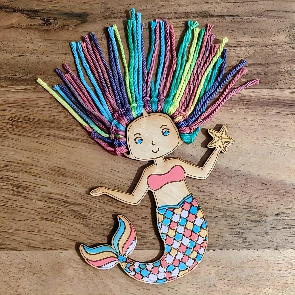 12pcs Mermaid Wooden Hanging Crafts Kit DIY Painting Birthday Coloring Set Ornament Knotting Gift Supplies