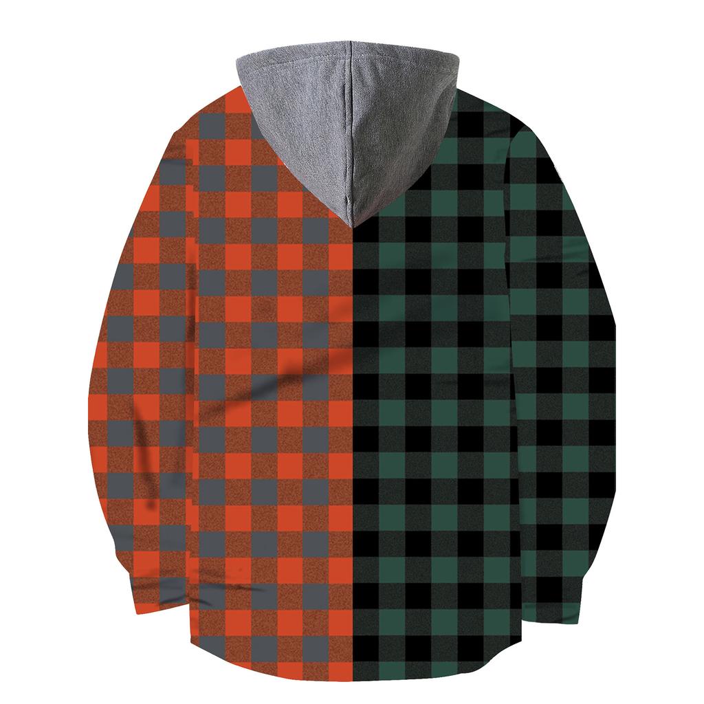Men's Color Blocking Striped Plaid Casual Loose Button Lapel Long Sleeve Hooded Cardigan Shirt Jacket