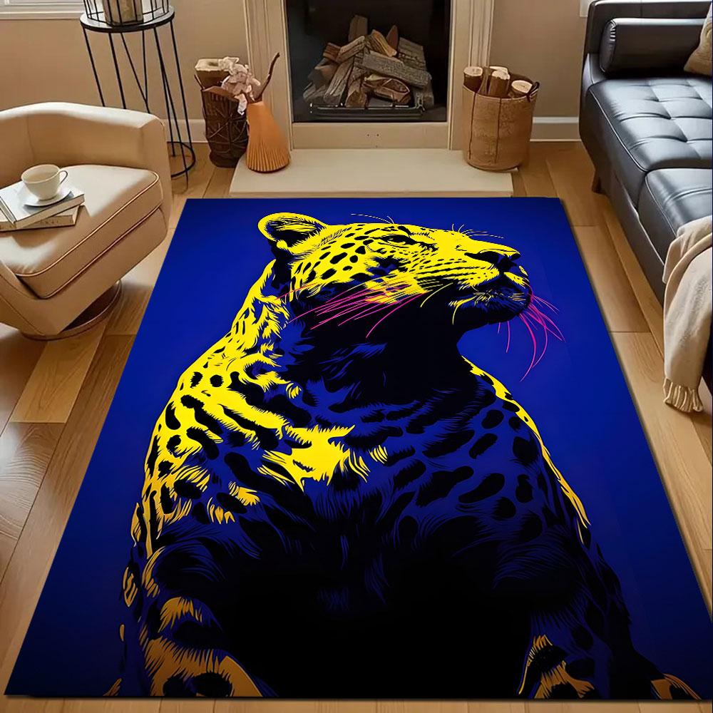 "Colorful Leopard on Blue Background" Patterned carpet, non slip mat suitable for living room and bedroom sofas