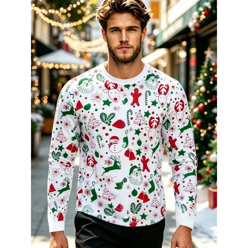 Men's Christmas Gift Digital Print T-Shirt, Casual Sports Long Sleeve T-Shirt, Comfortable Soft Breathable Pullover Top, Men's Autumn Winter Clothing