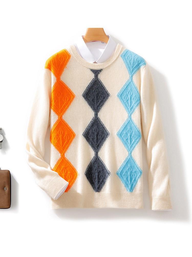 Men's Wool Color Block Round Neck Sweater - 2024 Autumn/Winter Collection