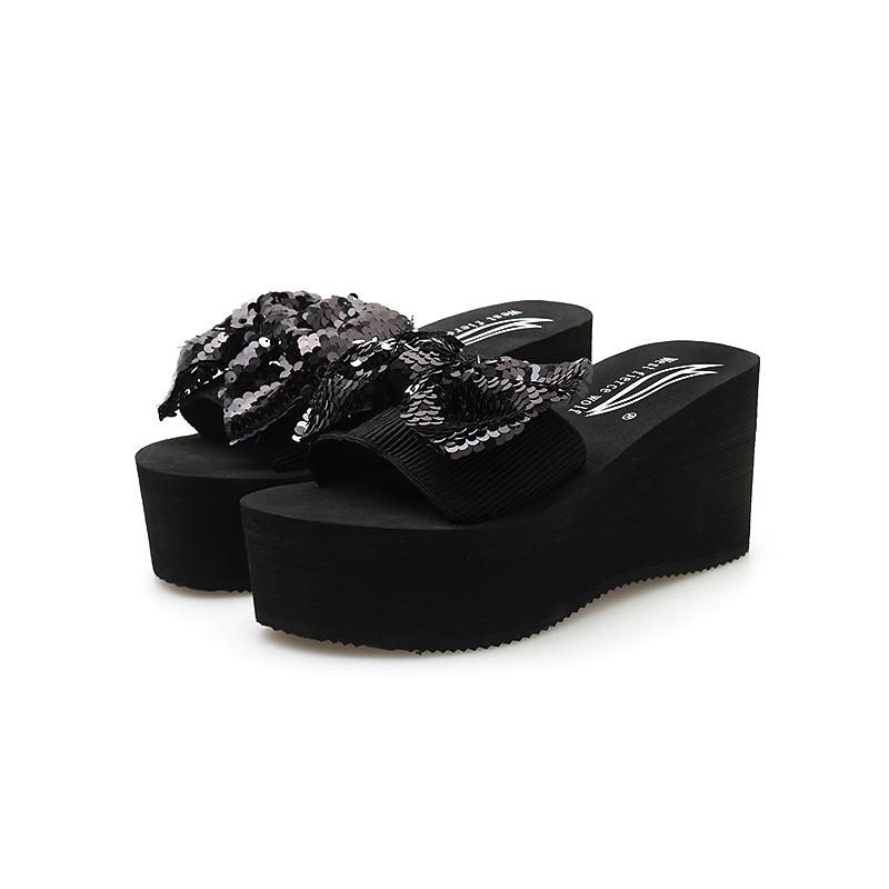 Fashion Glitter Paillette Bow-knot Elevated Slippers Women Open Toe Platform Slides Mixed Colors Bling Anti-skid Creepers Flip Flops2025