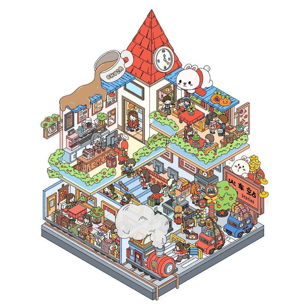 

Набор наклеек для создания миниатюрной сцены, 3D стереоскопический эффект, декоративный коллаж, наклейка, подарок Train Station