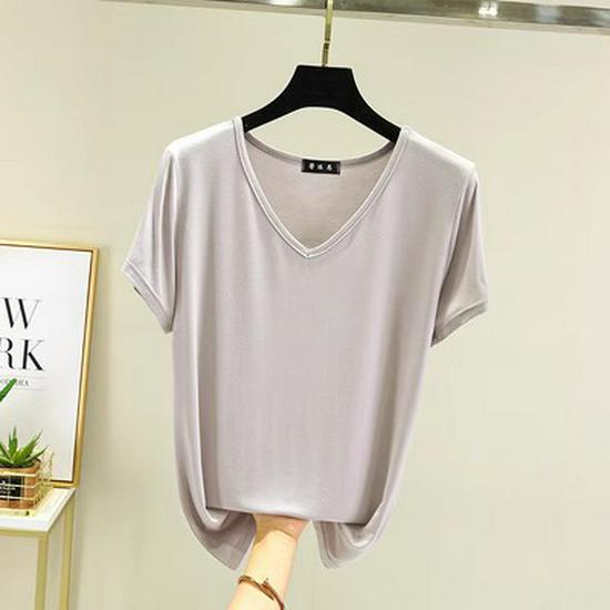 Women's Plus Size V-Neck Modal T-Shirt - Short Sleeve, Loose Fit, Thin Layer, Korean Style