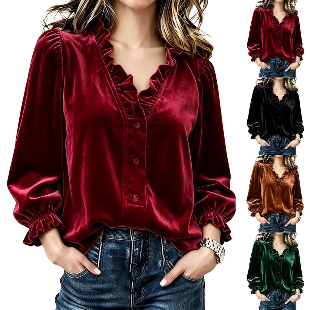 Women's V-Neck Ruffle Trim Long Sleeve Blouse Button Down Top for Business Casual Work