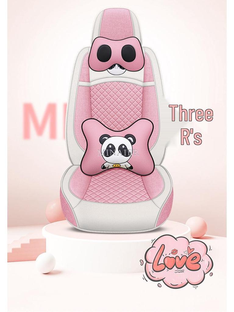 Universal Linen Cartoon Panda Car Seat Cushion Set for All-Season