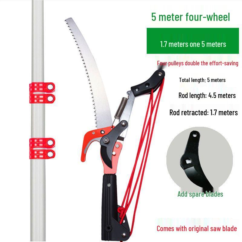 Aluminum Alloy Telescopic Pole and Pruner with High Branch Saw for Tree Pruning.