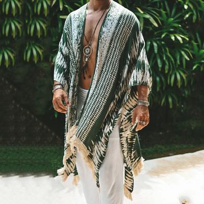 Beach Cloak Men Irregular Print Cape with Fringe Edges Loose Fit Outdoor Beach