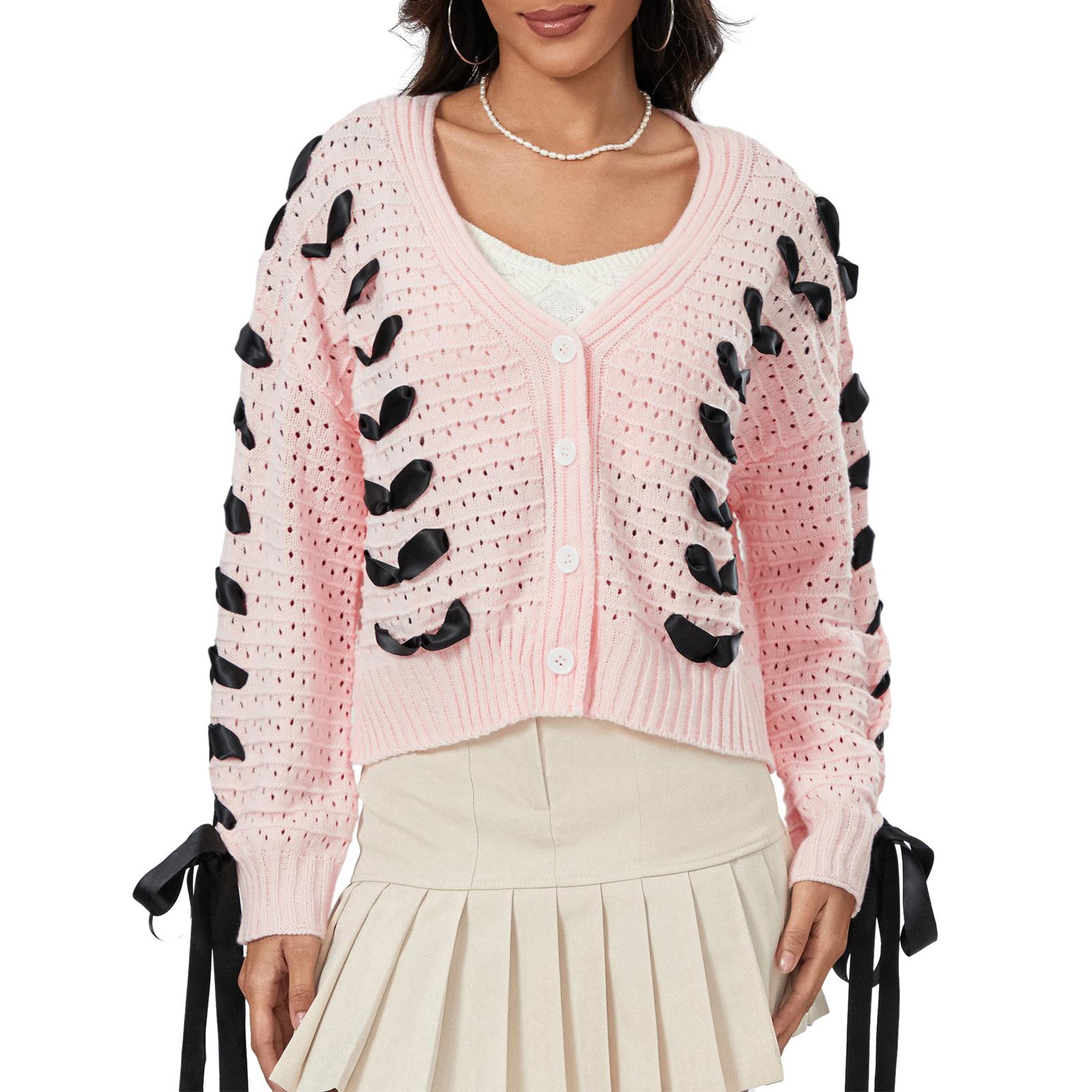 

Женский укороченный кардиган с длинными рукавами, контрастный цвет, V-образный вырез, декорированный завязкой, трикотажное пальто на пуговицах M розовый