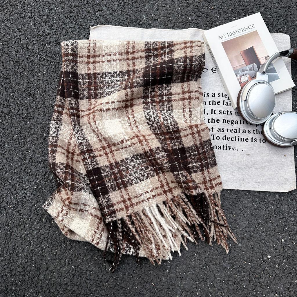 Retro New Plaid Scarf Women's Autumn and Winter Versatile Warm Thickened Imitation Cashmere Shawl Scarf Dual-purpose
