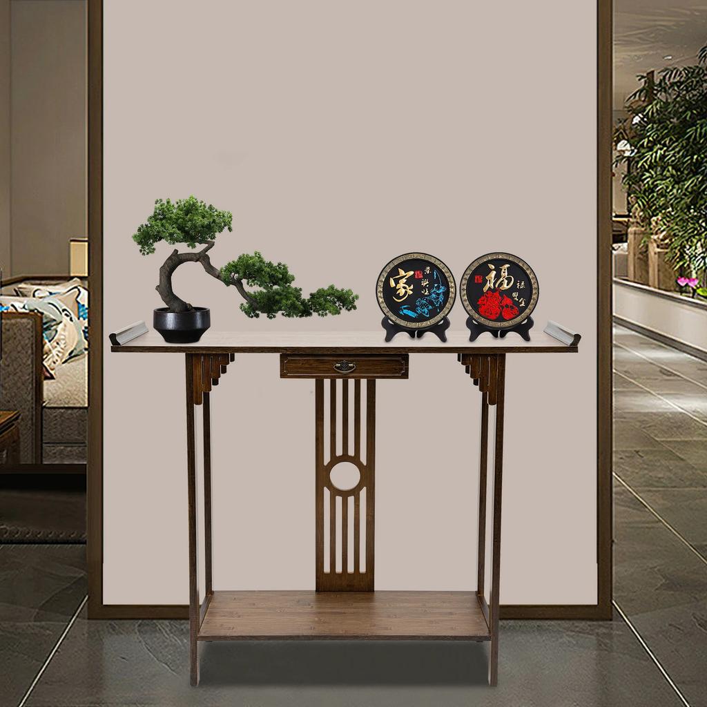 2-Layer Walnut Color Bamboo Entryway Table with Drawer & Storage Shelf, 800 Lbs Capacity Console Table for Living Room, Hallway