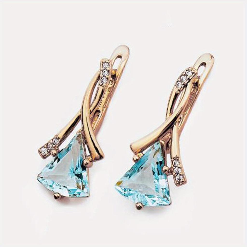 1 Pair Golden Color Triangle Cut Aqua Blue Stone Earrings Women Wedding Drop Earrings Jewelry