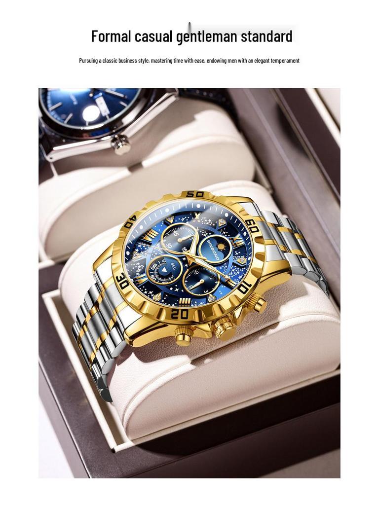 BINBOND Men's Luminous Stainless Steel Moon Phase Quartz Watch