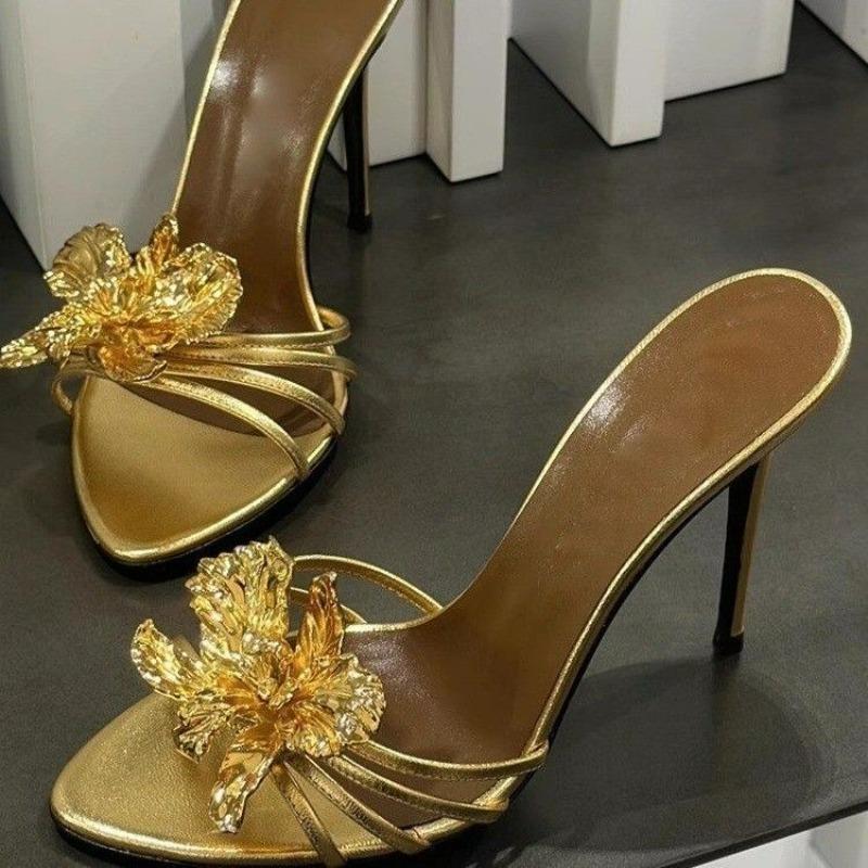 Fashion Summer Sexy Women's Sandals Slippers Summer Metal Flowers Beautiful Fashion Sandals Women's Stiletto High Heels Black Sandals