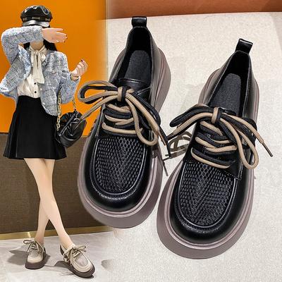 Women's New Mesh Lefu Shoes Women's Shallow Mouth Round Head Lace Up Thick Sole Fashion Single Shoes Women