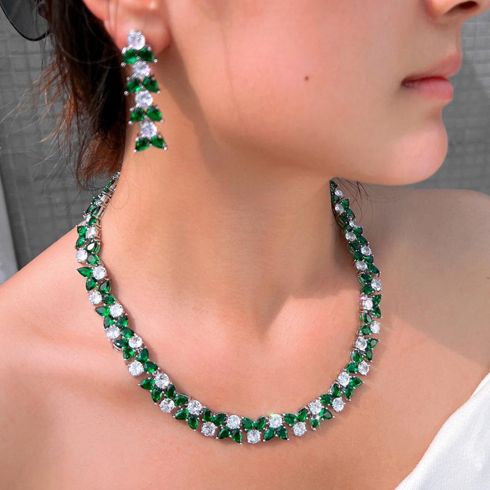 Zircons Gorgeous Shiny Green White Cubic Zirconia Earrings Necklace Sets for Women Wedding Evening Party Dress Jewelry T0981