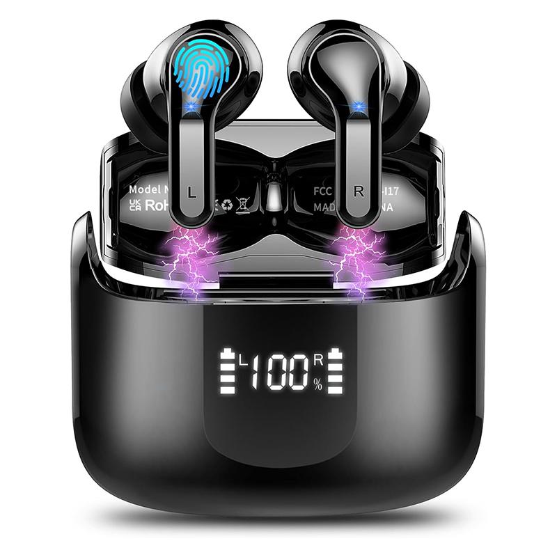 

Беспроводные наушники-вкладыши Bluetooth 5.3 40H Bass стерео наушники с шумоподавлением и микрофоном внутриканальные Bluetooth USB-C светодиодный дисплей спортивные наушники чёрный