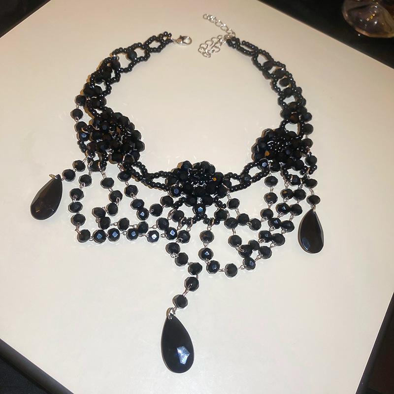Dark Style Multi-Layer Teardrop Seed Bead & Crystal Flower Necklace - Punk & Elegant Women’s Clavicle Accessory