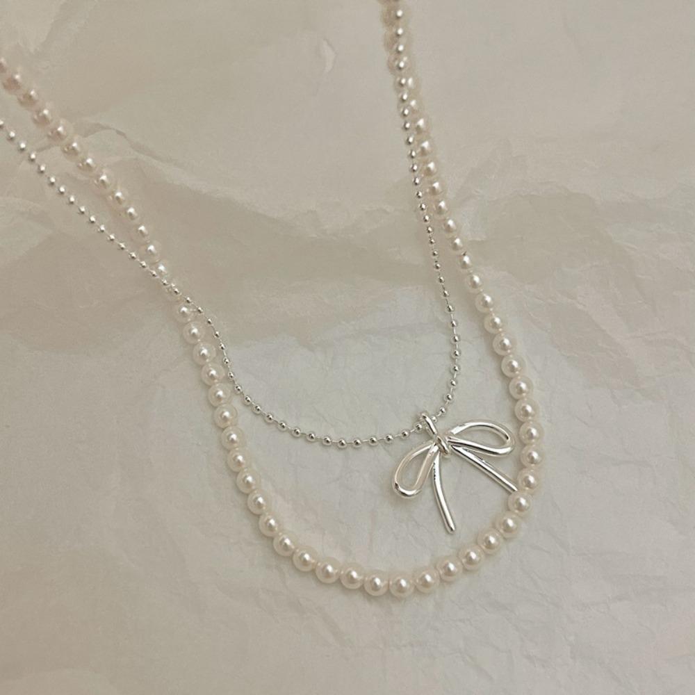 Bowknot Pearl Necklace Round Shape Collarbone Chain Simplicity Jewelry Accessories