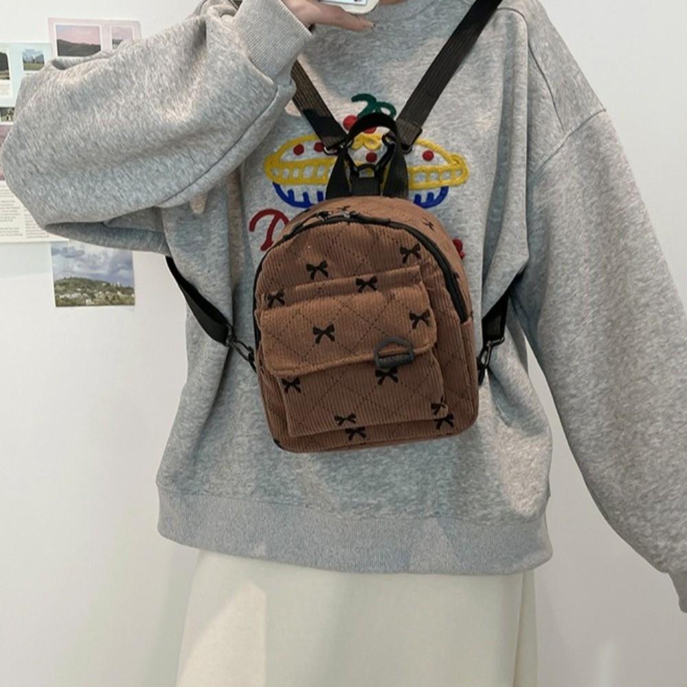 Lightweight Shoulder Bag Corduroy Bow Rucksack Cute Student School Bag Women