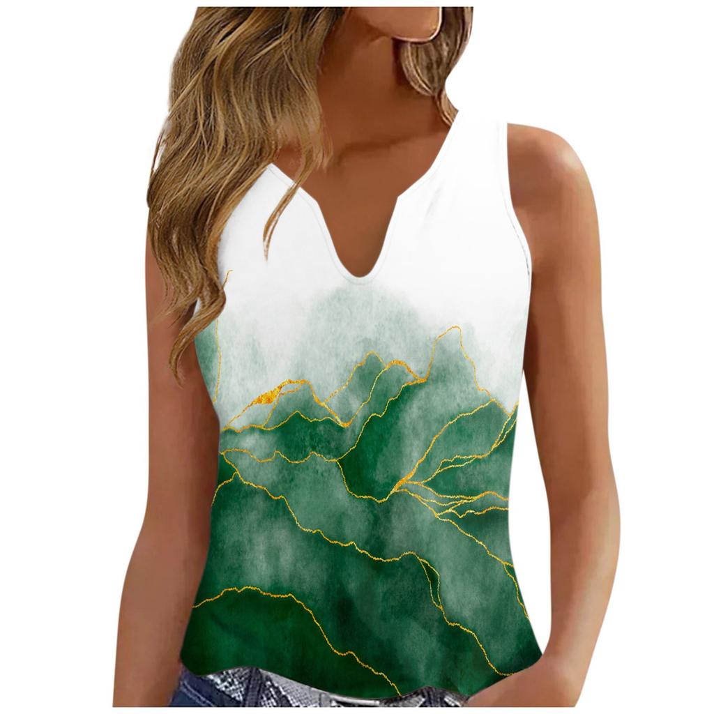 Women's Fashion V-neck Vest Loose Vintage Print Sleeveless Top T-shirt