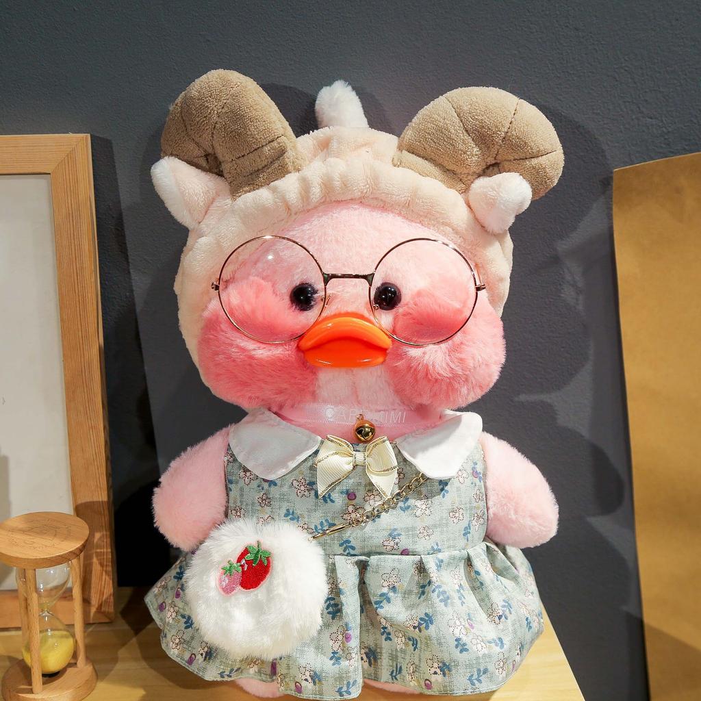 30cm Charming Cafe Pink Duck Stuffed Plush Animals Toy Wear Goggles and Hoodie Soft Doll Girl Birthday Creative Gift for Girls