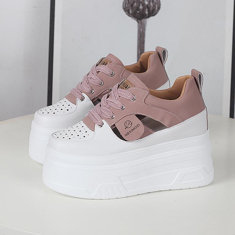 Fashion 12CM Genuine Leather Vulcanized Platform Wedge Casual Women Summer Shoes Fashion Sneakers Hollow Heels Increase Shoes