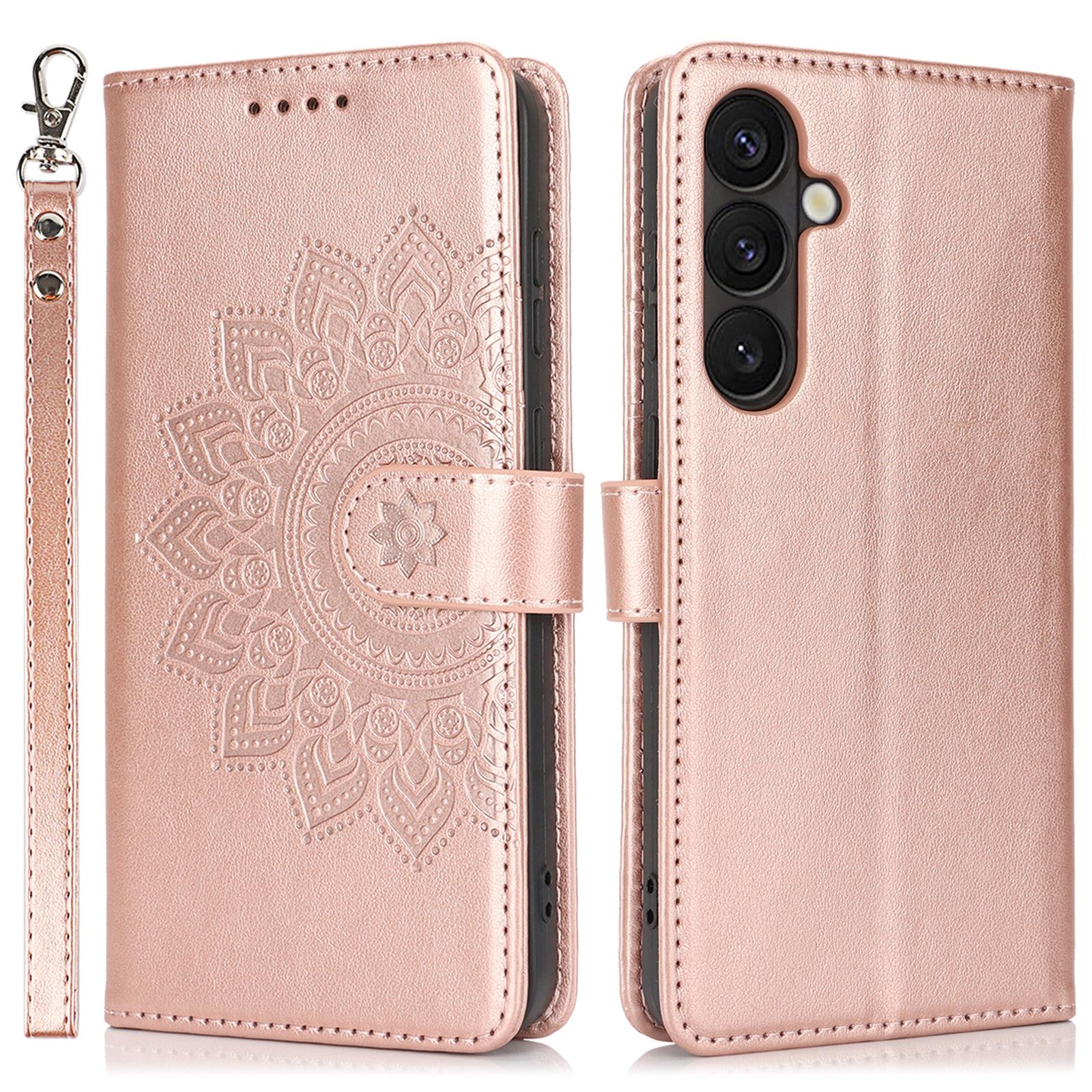 

For Samsung Galaxy S24+ Stand Case Textured Leather Wallet Phone Cover with Strap Rose Gold