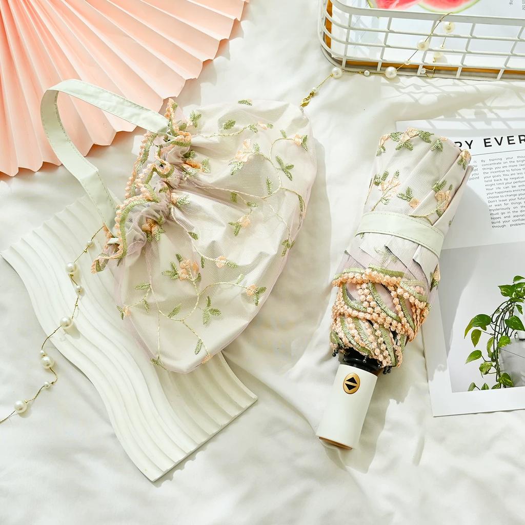 Double Layer Handbag Sun Protection Sun Umbrella Automatic Embroidered Umbrella Princess Style Lace Sun Umbrella UV Protection for Women