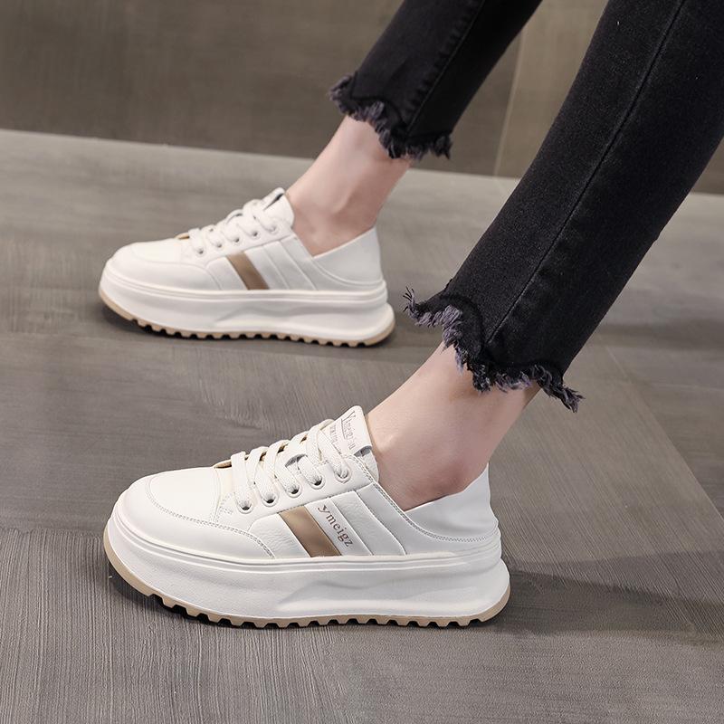 Genuine Leather White Round Toe Sneakers - Versatile Thick Sole, Flat Bottom, Two-Wear Sports Casual Women's Skate Shoes