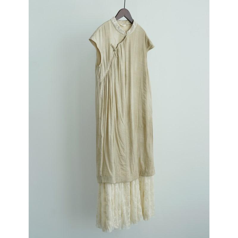 

Johnature Women Vintage Jacquard Dresses Stand Sleeveless Button Summer Patchwork Lace Chinese Style Soft A-Line Dress L бежевый