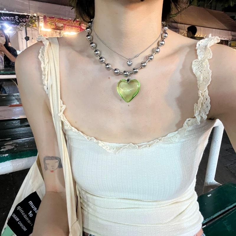 6 Colors Hip Hop Colorful Love Heart Pendant Necklace Women Punk Silver Color Beads Chain Grunge Jewelry Accessories Steampunk